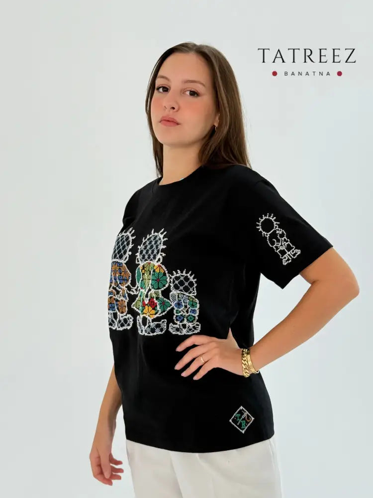 Black Cotton T-shirt with Handhala Family Embroidered in Beige Green and Yellow Clothing & Wearables
