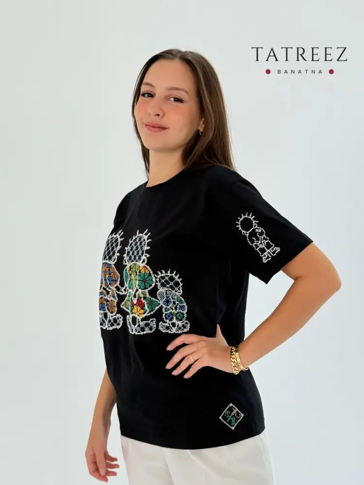 Black Cotton T-shirt with Handhala Family Embroidered in Beige Green and Yellow Clothing & Wearables