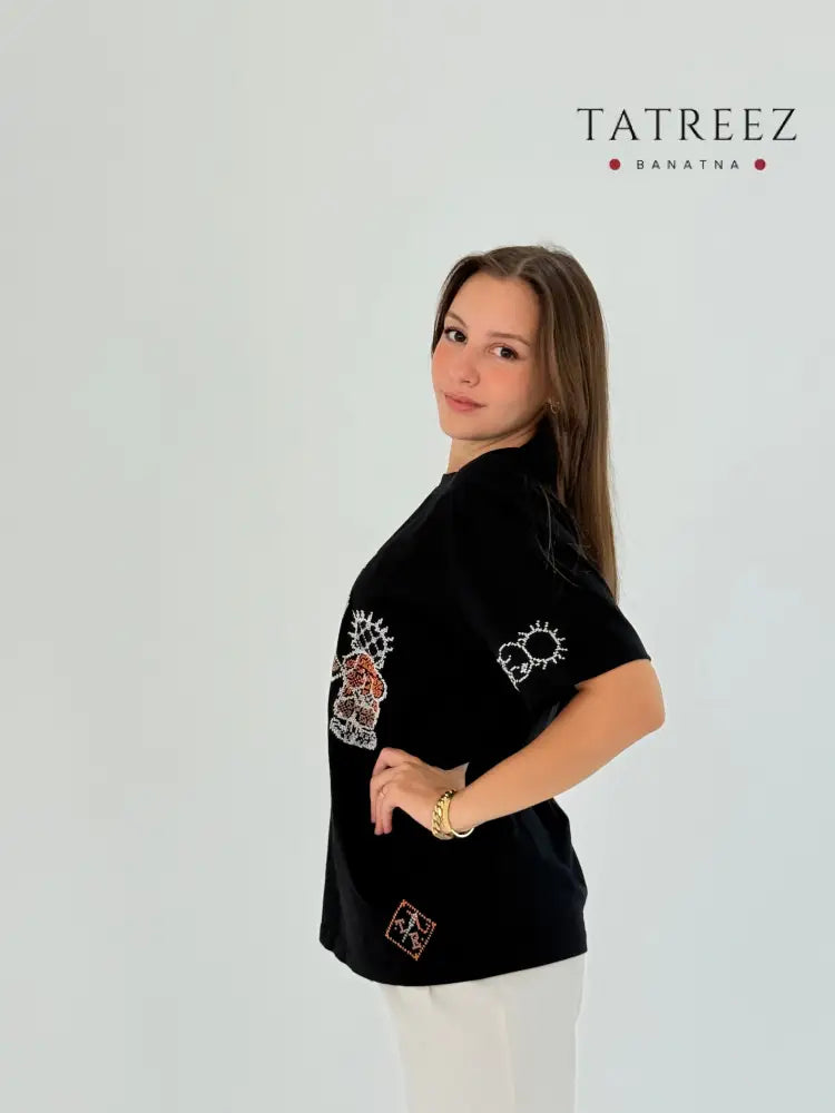 Black Cotton T-shirt with Handhala Family Embroidered in White and Beige Clothing & Wearables