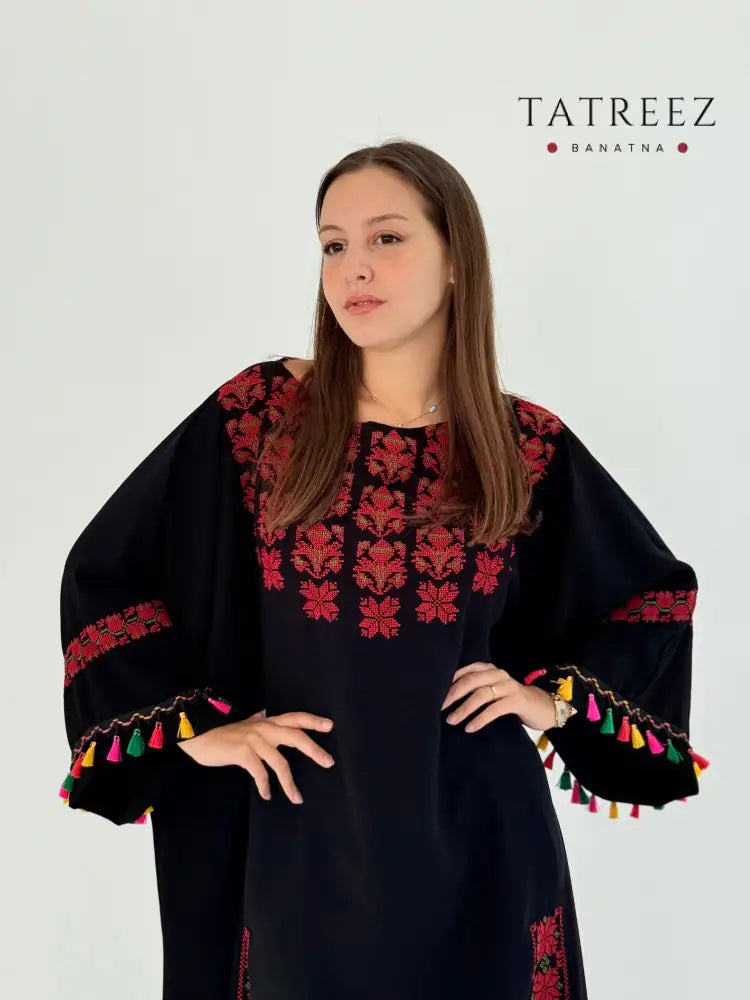 Handmade Black Crepe Georgette Abaya with Tatreez & Colorful Tassel Accents Clothing & Wearables