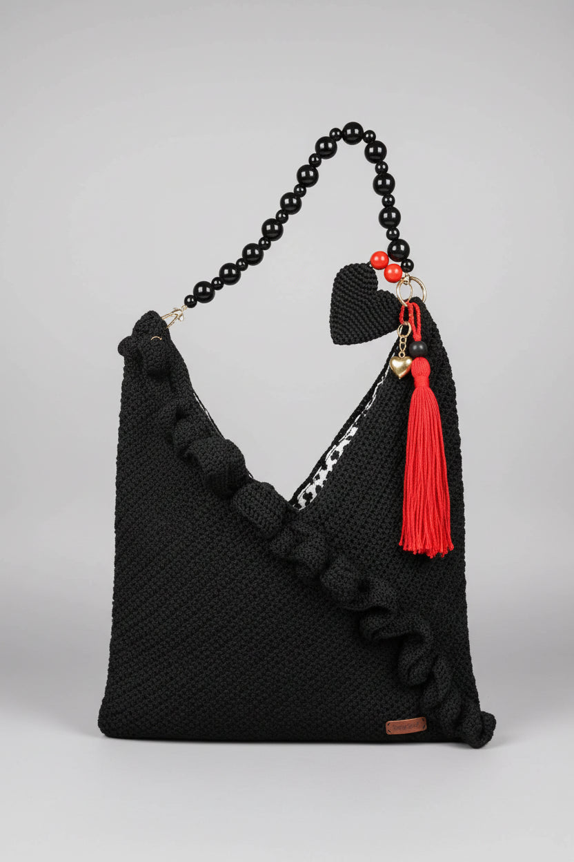 Handmade Crochet Black Bag with Tassels | Tatreez Banatna Accessories