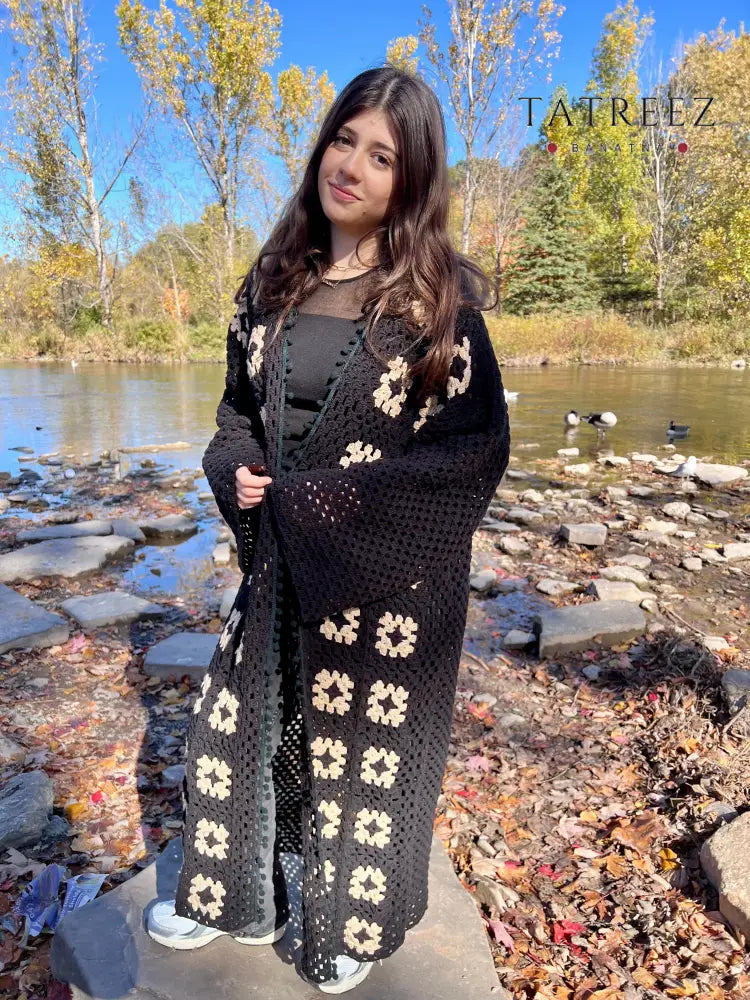 Black Crochet Cardigan with Cream Motifs | Tatreez Banatna Clothing & Wearables