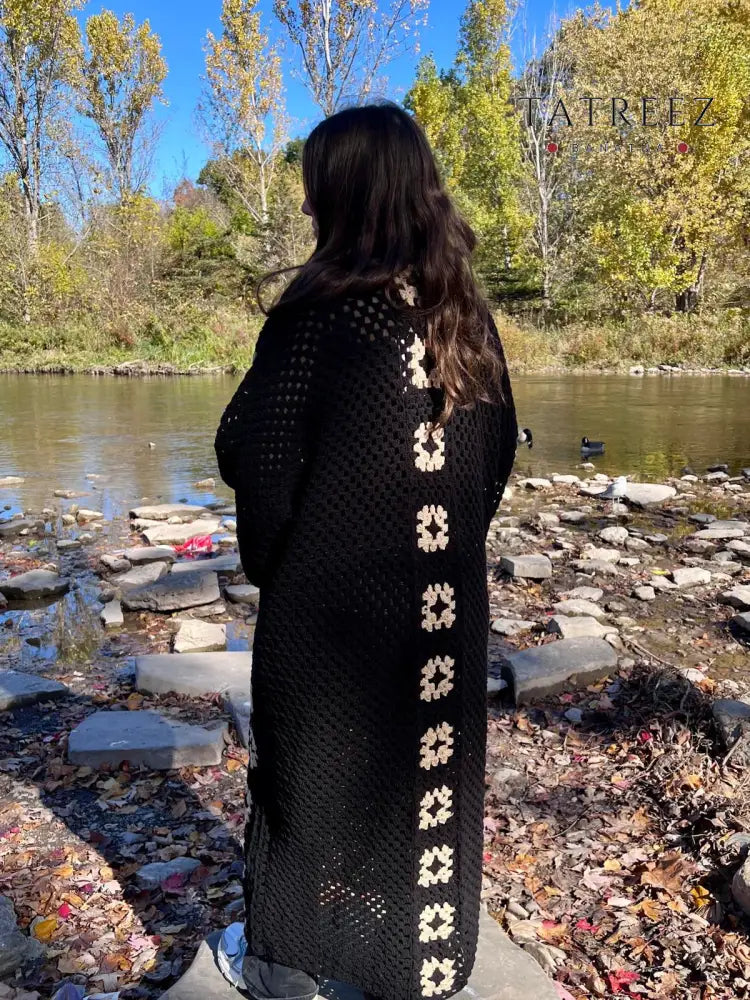 Black Crochet Cardigan with Cream Motifs | Tatreez Banatna Clothing & Wearables