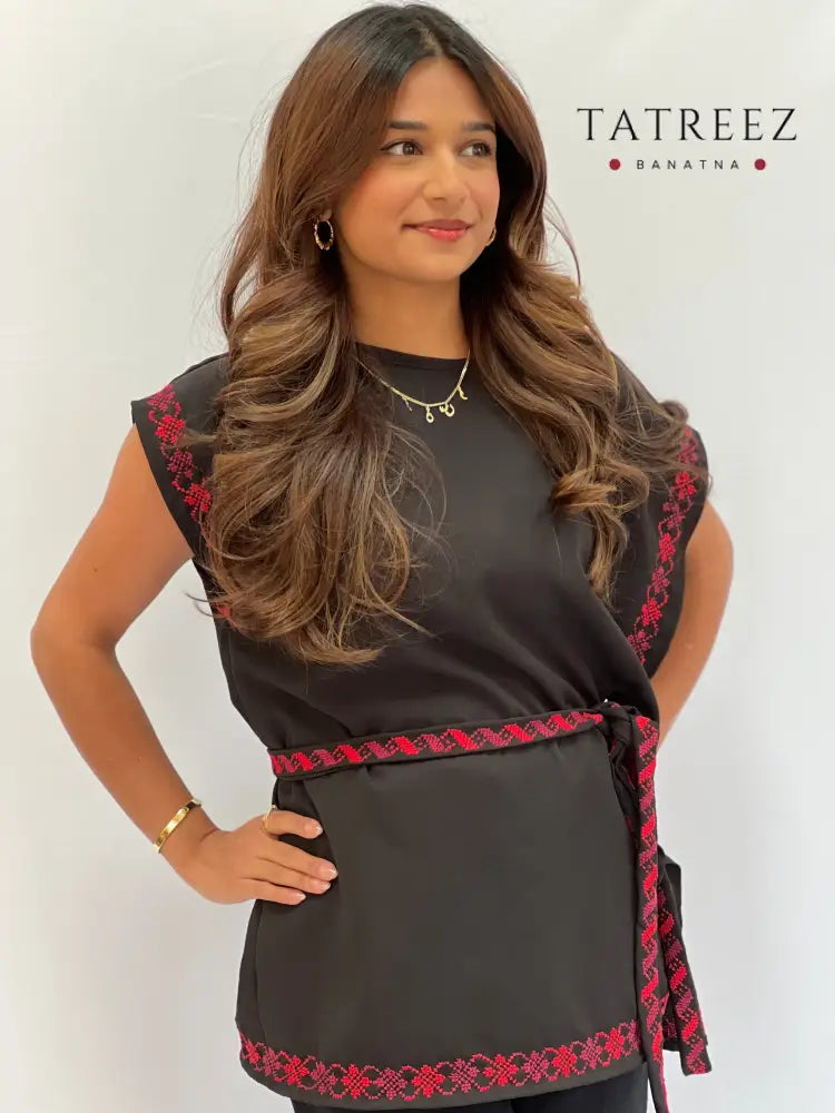 Modern Black Cut Top with Delicate Palestinian Embroidery - Versatile Free Size One size Clothing & Wearables