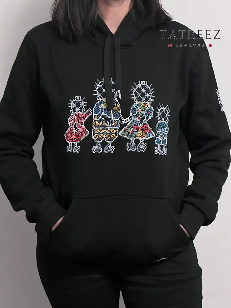 Lightweight black Handala hoodie featuring the Handala family design, perfect for casual wear and supporting a meaningful cause.