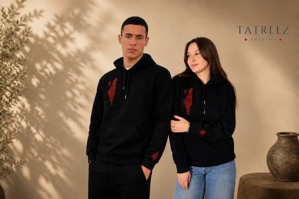 Black Hoodie – Handmade Palestinian Map Tatreez Embroidery - Clothing & Wearables