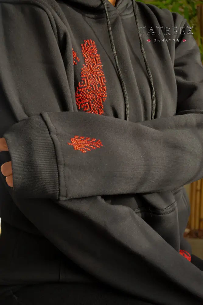 Black Hoodie – Handmade Palestinian Map Tatreez Embroidery - Clothing & Wearables