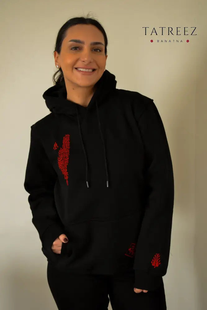 Black Hoodie – Handmade Palestinian Map Tatreez Embroidery - Clothing & Wearables