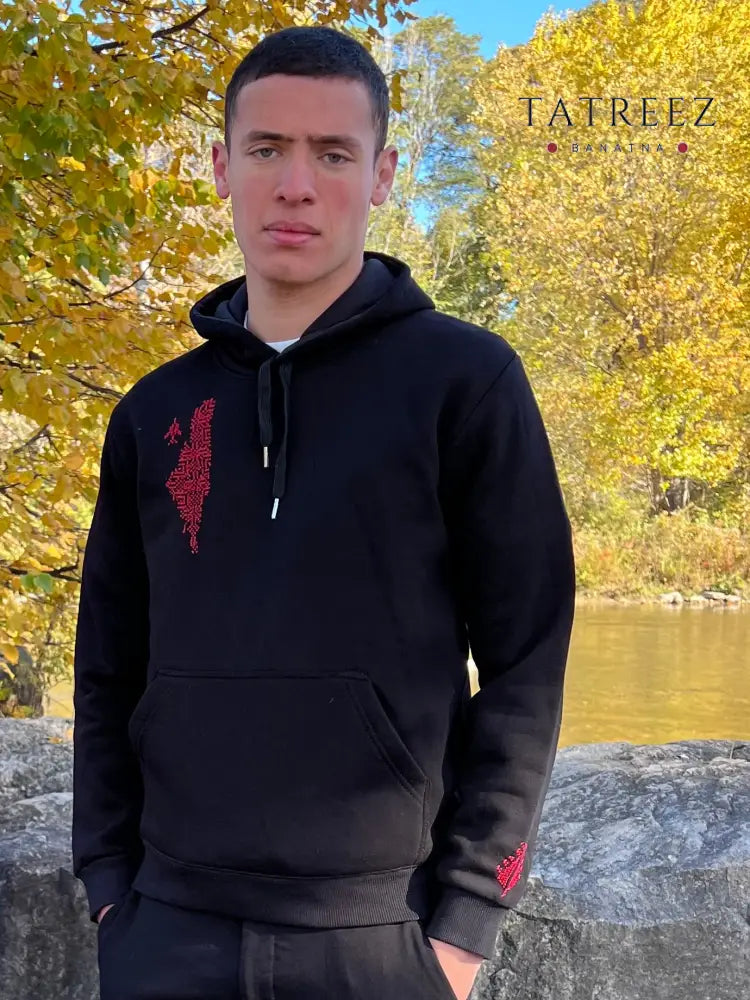 Palestinian Map Embroidered Black Hoodie | Handmade Tatreez Clothing & Wearables