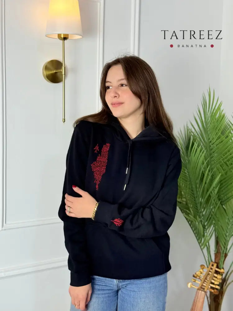 Palestinian Map Embroidered Black Hoodie | Handmade Tatreez Clothing & Wearables