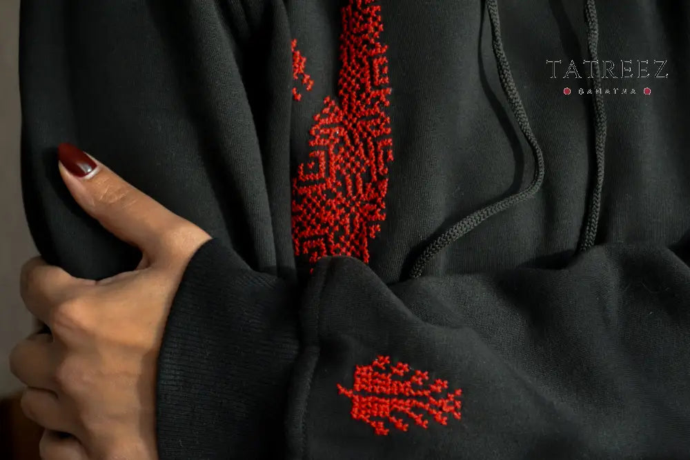 Black Hoodie – Handmade Palestinian Map Tatreez Embroidery - Clothing & Wearables
