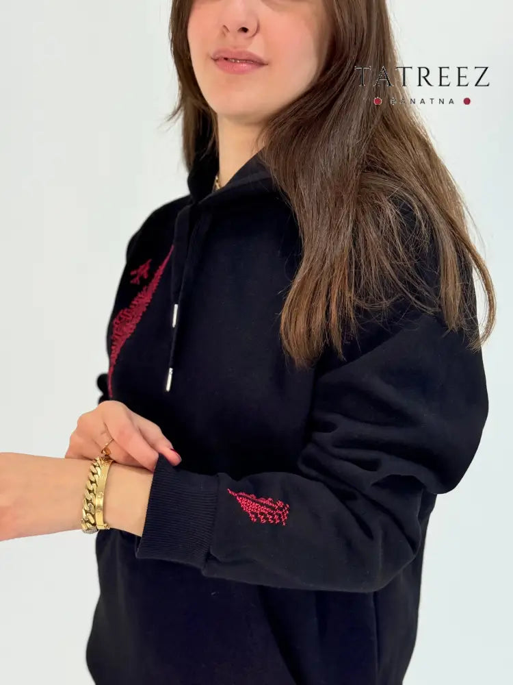 Palestinian Map Embroidered Black Hoodie | Handmade Tatreez Clothing & Wearables