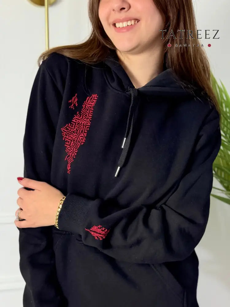 Palestinian Map Embroidered Black Hoodie | Handmade Tatreez Clothing & Wearables