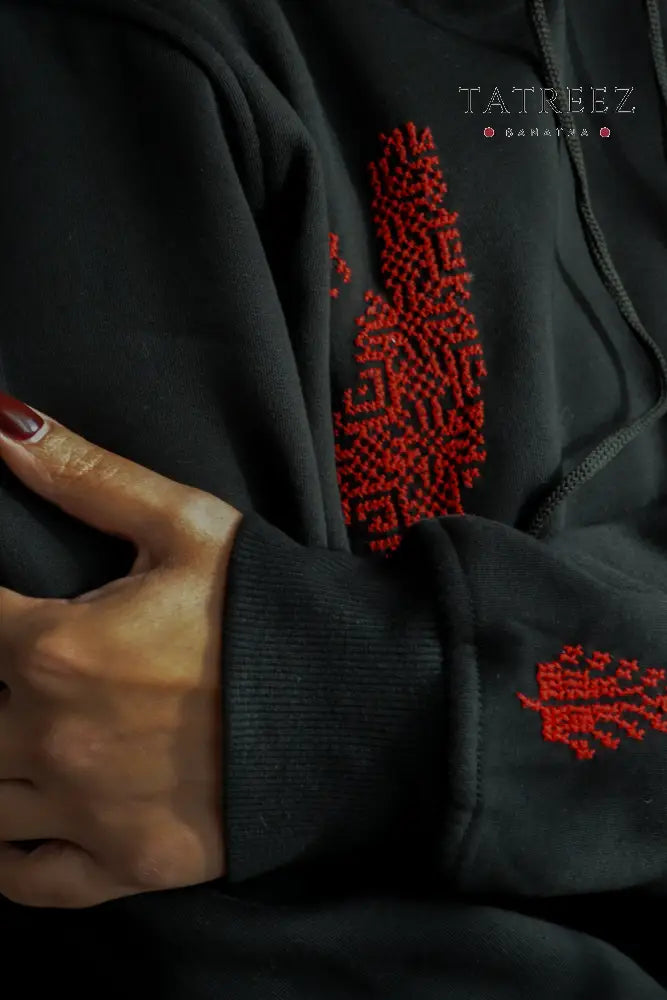 Black Hoodie – Handmade Palestinian Map Tatreez Embroidery - Clothing & Wearables
