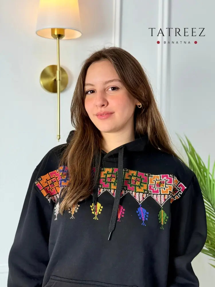 Palestinian Shepherd Embroidery Black Hoodie | Handmade Tatreez Clothing & Wearables