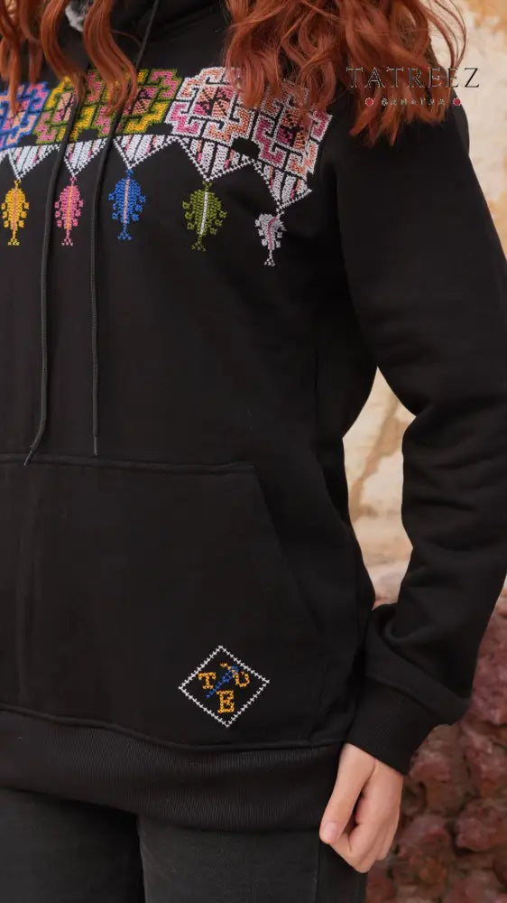 Black Hoodie – Handmade Palestinian Shepherd Tatreez - Clothing & Wearables