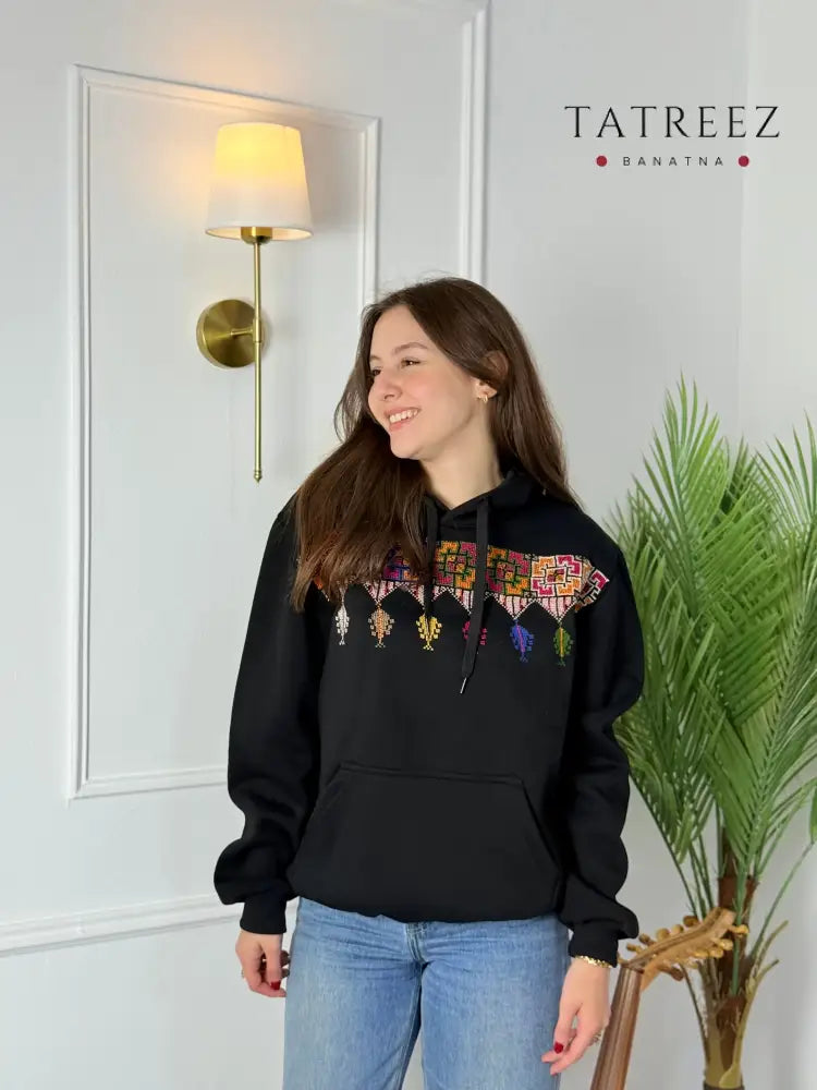 Palestinian Shepherd Embroidery Black Hoodie | Handmade Tatreez Clothing & Wearables