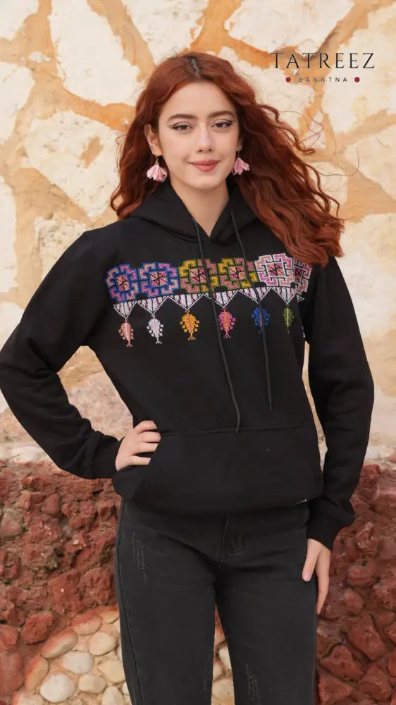 Black Hoodie – Handmade Palestinian Shepherd Tatreez - Clothing & Wearables