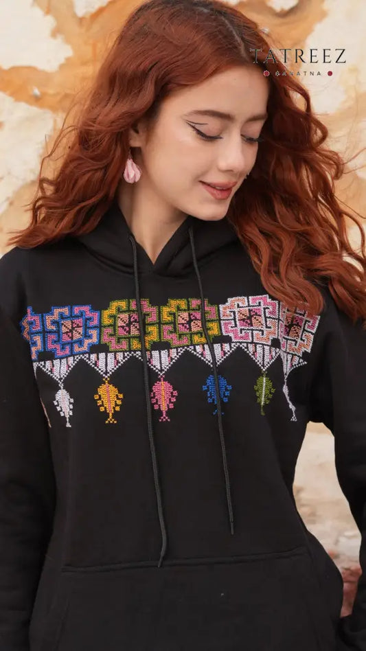 Black Hoodie – Handmade Palestinian Shepherd Tatreez - Clothing & Wearables