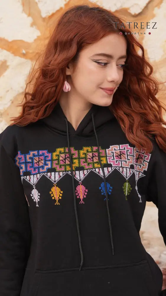 Black Hoodie – Handmade Palestinian Shepherd Tatreez - Clothing & Wearables