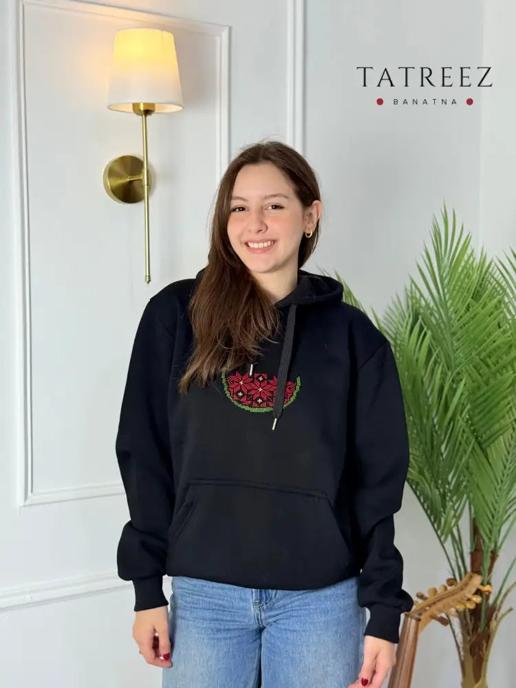 Embroidered Watermelon Black Hoodie | Handmade Palestinian Tatreez Clothing & Wearables