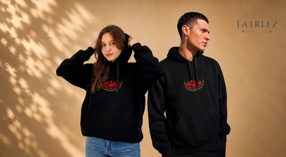 Black Hoodie – Handmade Watermelon Palestinian Tatreez - Clothing & Wearables