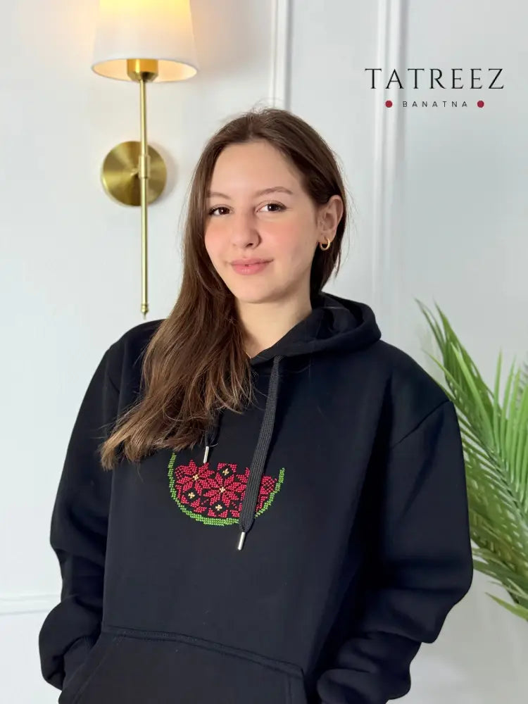 Embroidered Watermelon Black Hoodie | Handmade Palestinian Tatreez Clothing & Wearables