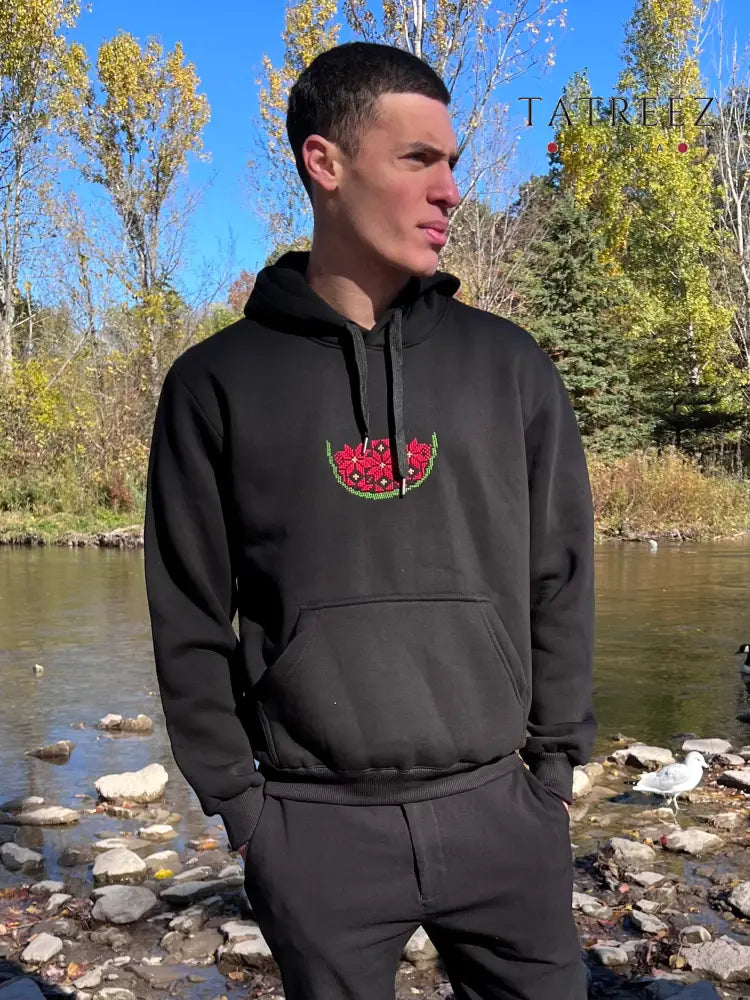 Embroidered Watermelon Black Hoodie | Handmade Palestinian Tatreez Clothing & Wearables