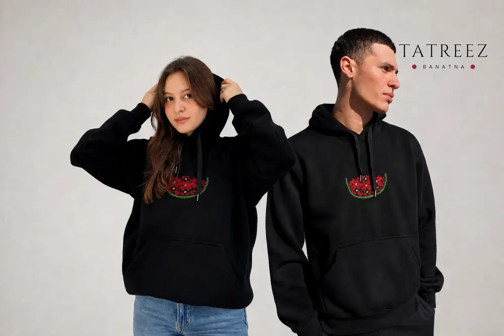 Black Hoodie – Handmade Watermelon Palestinian Tatreez - Clothing & Wearables
