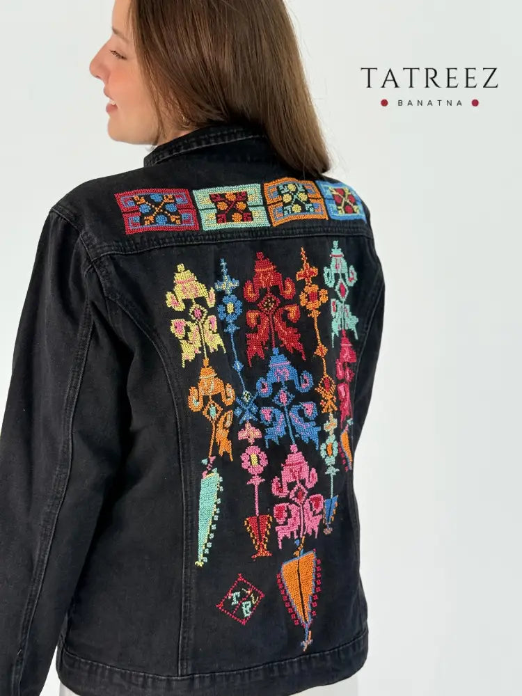 Black Jeans Jacket with Stunning Bright Color Embroidery - A Passionate Creation Clothing & Wearables