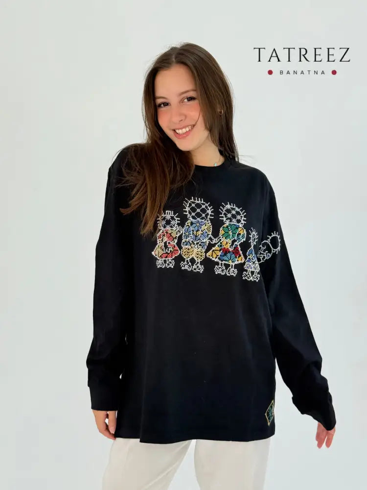 Handmade Black Cotton Long Sleeve T-Shirt with Handala Design Clothing & Wearables