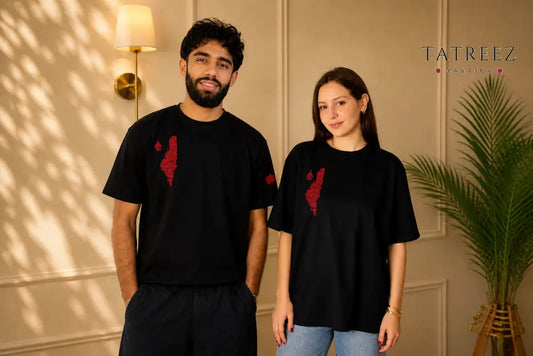 Black Palestine T-Shirt – Handmade Palestinian Tatreez Embroidery - Clothing & Wearables