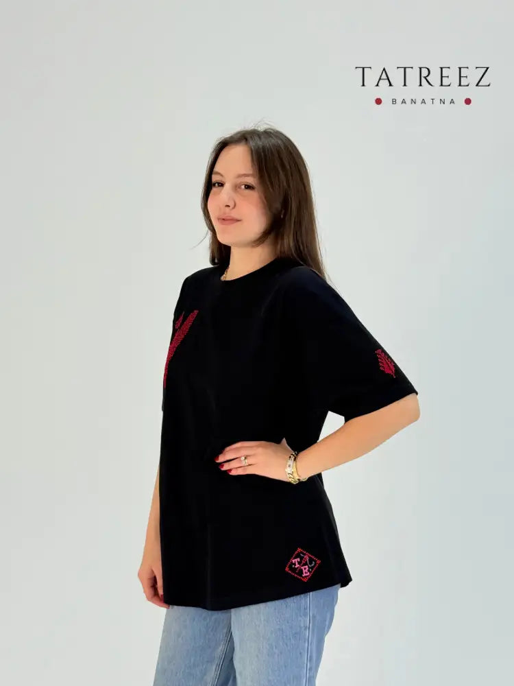 Black Palestine Embroidered T-Shirt | Handmade Tatreez Tee Clothing & Wearables