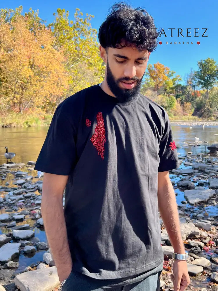 Black Palestine Embroidered T-Shirt | Handmade Tatreez Tee Clothing & Wearables