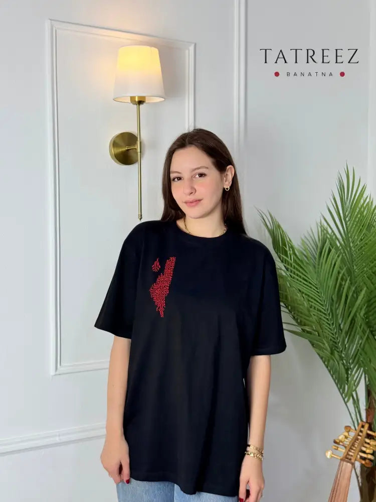 Black Palestine Embroidered T-Shirt | Handmade Tatreez Tee Clothing & Wearables