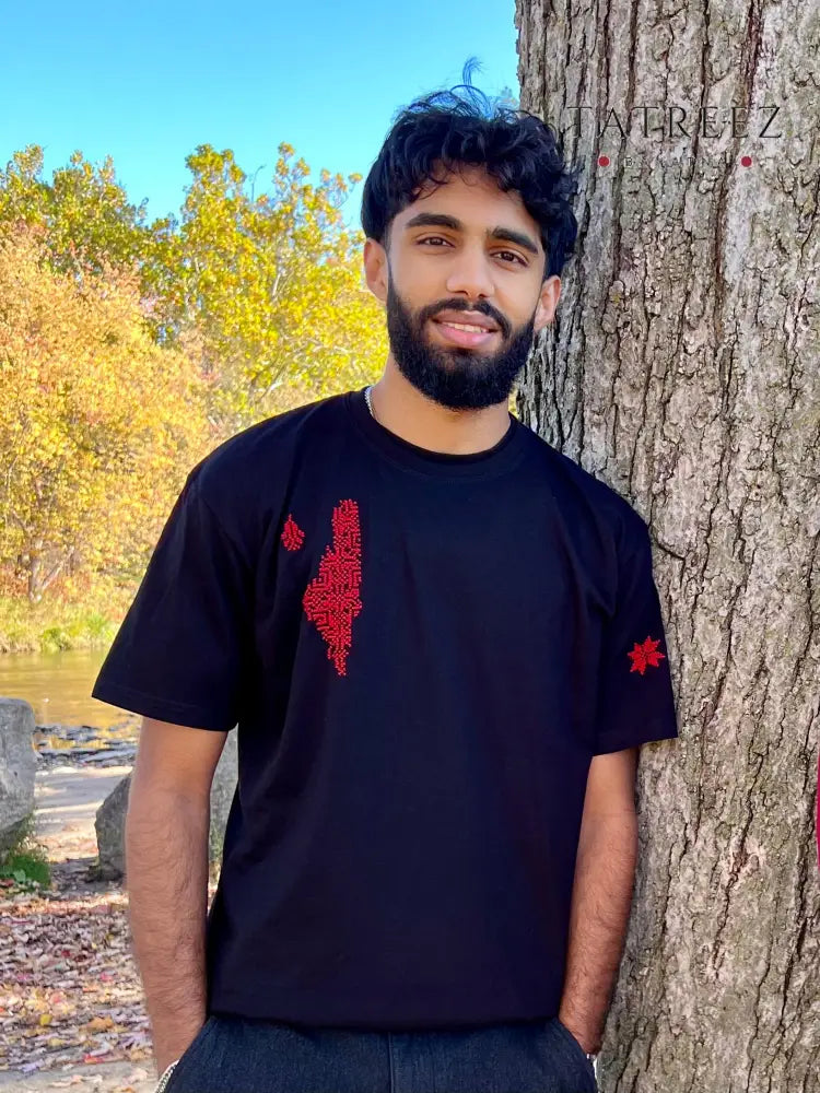 Black Palestine Embroidered T-Shirt | Handmade Tatreez Tee Clothing & Wearables