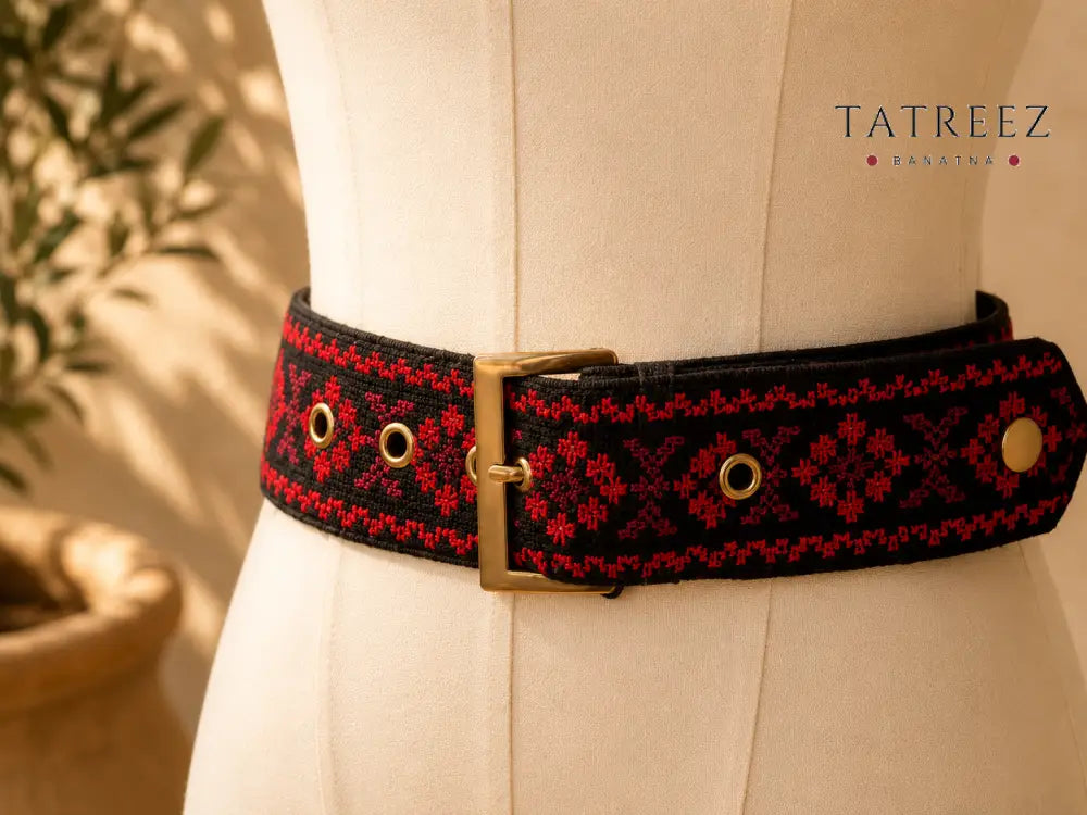 Black & Red Belt – Handmade Floral Palestinian Tatreez Embroidery - Accessories