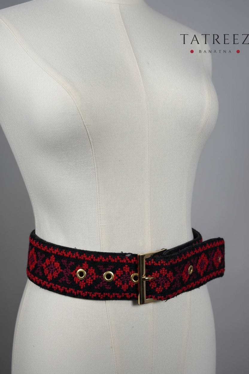 Handmade Black and Red Belt with Floral Embroidery Accessories