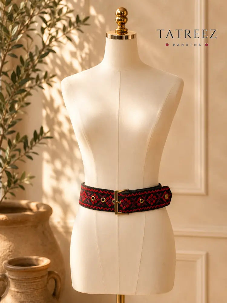 Black & Red Belt – Handmade Floral Palestinian Tatreez Embroidery - Accessories