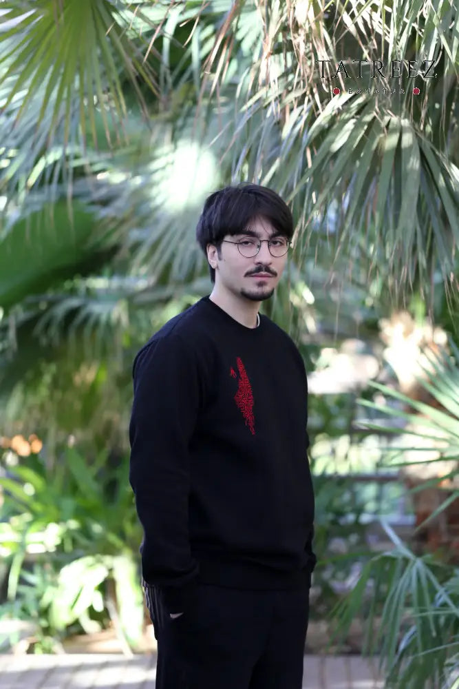 Handmade Black Sweatshirt with Palestinian Map Embroidery Clothing & Wearables