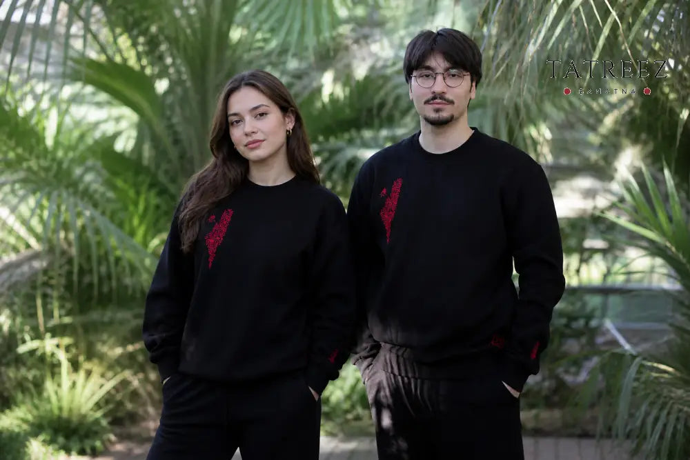 Black Sweatshirt – Handmade Palestinian Map Tatreez Embroidery - Clothing & Wearables