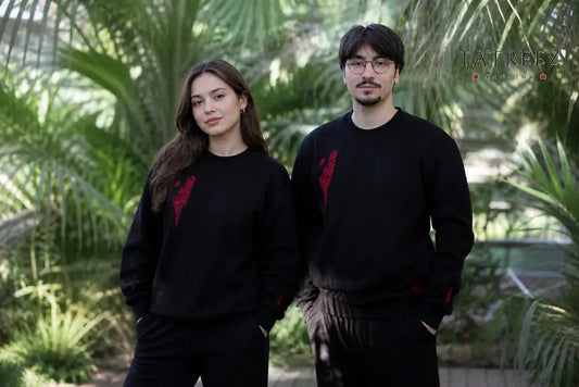 Black Sweatshirt – Handmade Palestinian Map Tatreez Embroidery - Clothing & Wearables