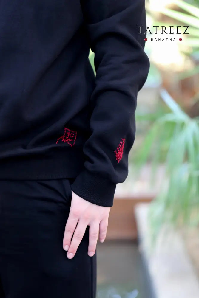 Handmade Black Sweatshirt with Palestinian Map Embroidery Clothing & Wearables