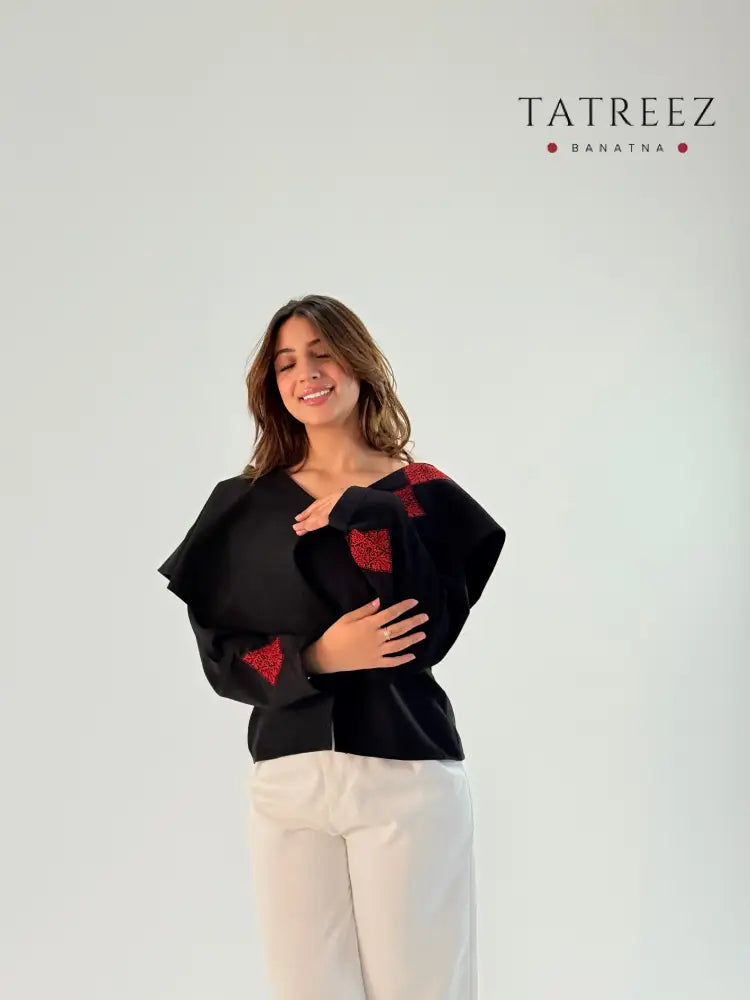 Handmade Black Top with Palestinian Embroidery - Unique Layered Design One size Clothing & Wearables