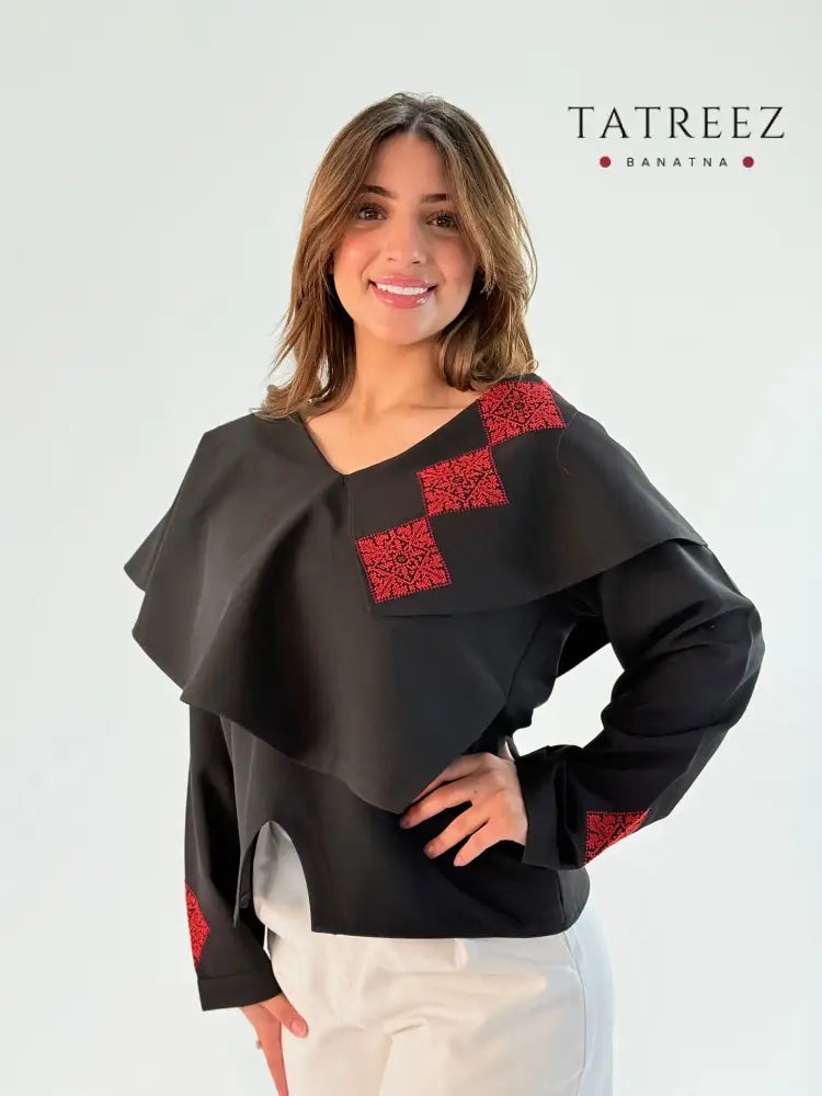 Handmade Black Top with Palestinian Embroidery - Unique Layered Design One size Clothing & Wearables