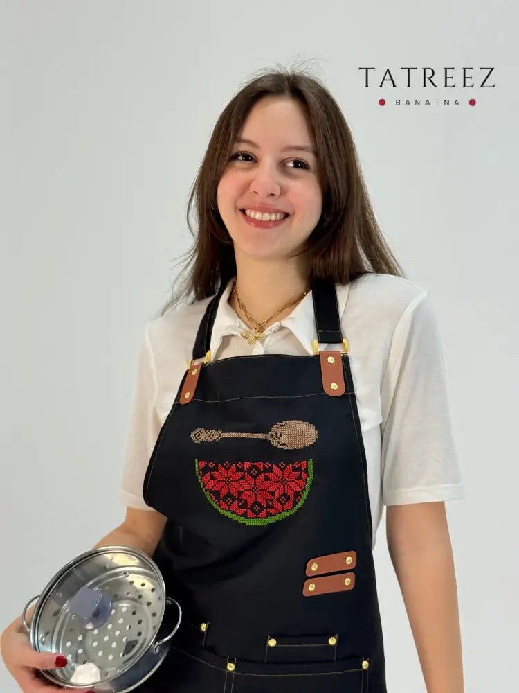 Black Waterproof Apron with Watermelon Embroidery | Handmade Clothing & Wearables