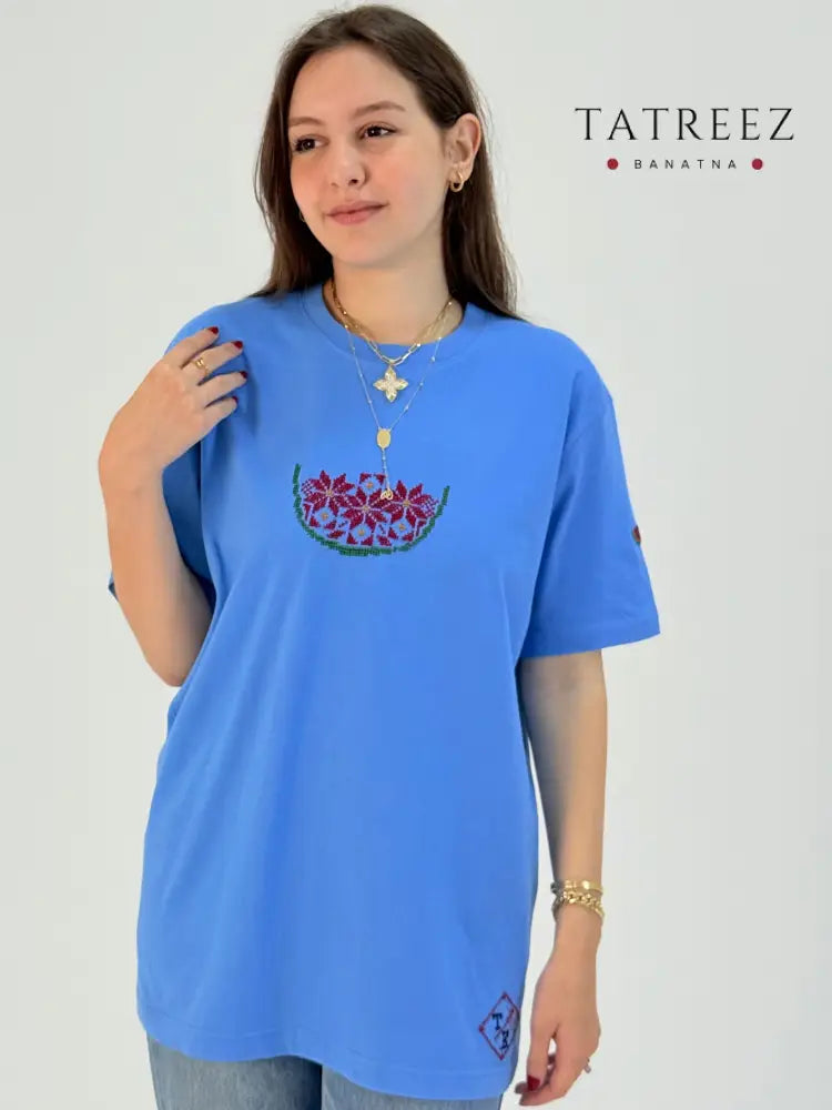 Blue Watermelon Embroidered T-Shirt | Handmade Tatreez Tee Clothing & Wearables