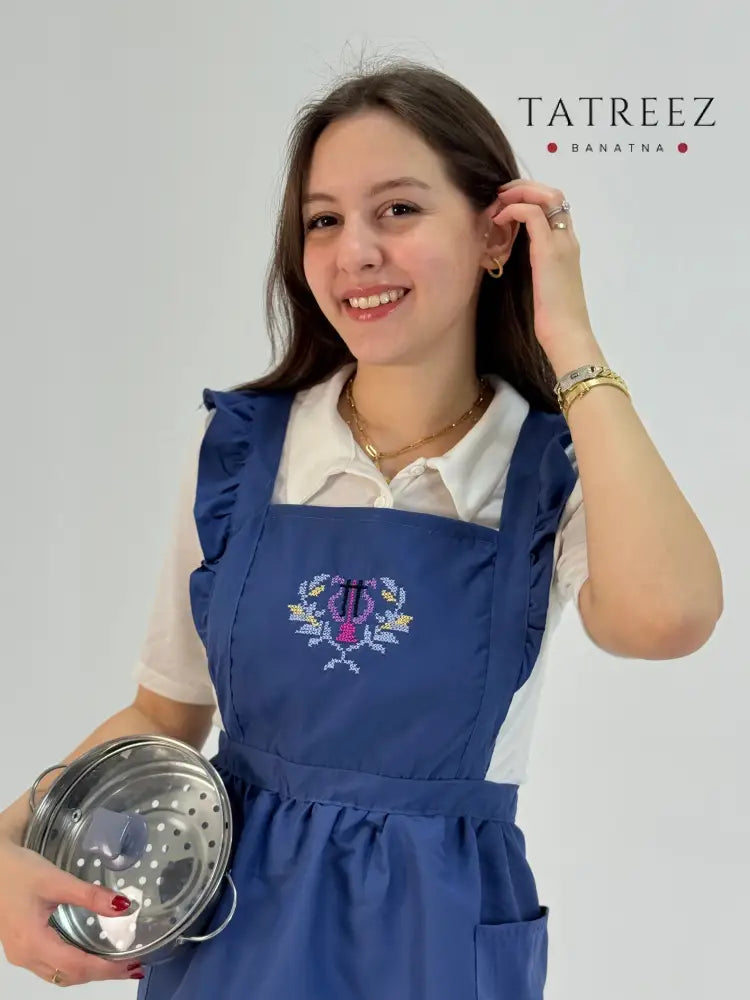 Blue Waterproof Apron with Sanable Embroidery | Handmade Apron Clothing & Wearables
