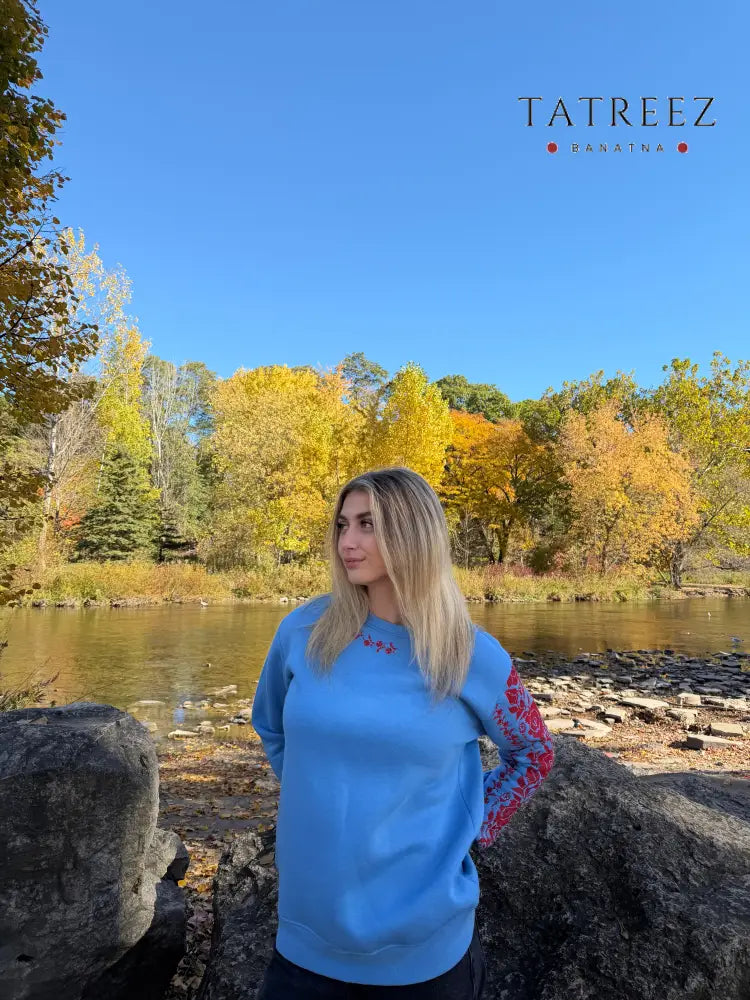 Bright Blue Cotton Sweatshirt with Unique Red Embroidery – A Blend of Heritage and Modern Style Clothing & Wearables
