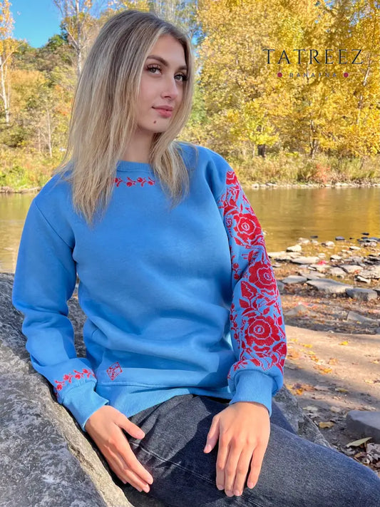 Bright Blue Cotton Sweatshirt with Unique Red Embroidery – A Blend of Heritage and Modern Style Clothing & Wearables